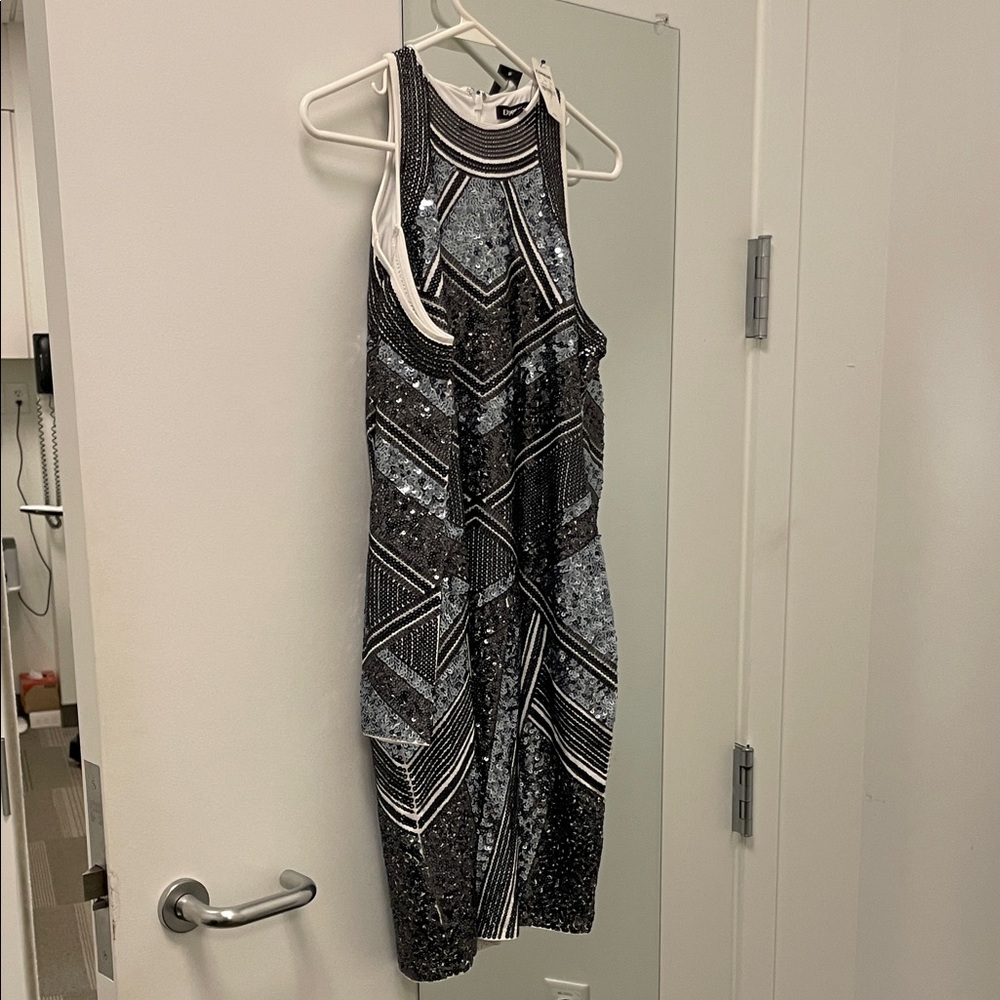 Express shoulder cut out Black and Silver Sequin Dress